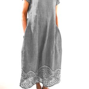 Women Floral Crew Neck Short Sleeve Comfy Casual Maxi Dress, Maxi, color:Gray|size:4XL, catalog Noracora shop