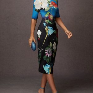 Urban Floral  Printing Crew Neck Midi Dress, Midi Dresses, color:As Picture|size:XXL, Stylewe