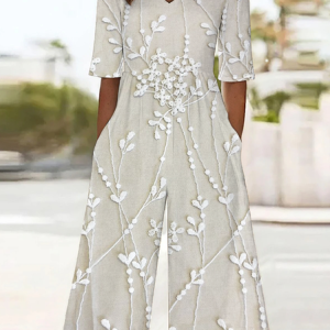 Women Floral V Neck Half Sleeve Casual Summer Jumpsuit, JustFashionNow Jumpsuits＆Rompers, color:Off White|size:4XL