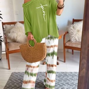 2 Pieces Outfit Letter Print Cold Shoulder Batwing Sleeve Top and Casual Wide Leg Pants Set, women Two-piece Sets, ChicMe catalog