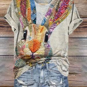 Casual Easter Rabbit Print Crew Neck Short Sleeve T-shirt, T-shirts, color:White|size:4XL, catalog Noracora shop