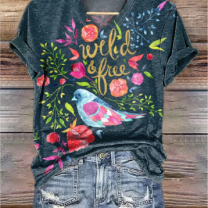 Vintage Flower And Bird Pattern Crew Neck Short Sleeve T-shirt, T-shirts, color:Blue|size:4XL, catalog Noracora shop