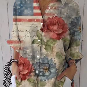 Shirt Collar Three Quarter Sleeve Floral Printing Regular Loose Shirt For Women, Shirts, color:As Picture|size:5XL, catalog Noracora shop