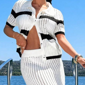 Vacation Color Block Buttoned Cardigan, Cardigans, color:White|size:XXL, Stylewe