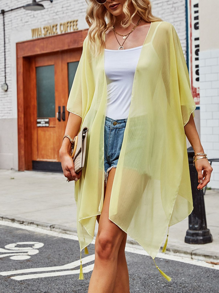 Women Plain Spring/Fall Cover-up Casual Lightweight Cardigan, JustFashionNow Cardigans, color:Yellow|size:One-size,