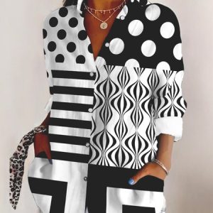 Shirt Collar Long Sleeve Geometric Regular Micro-Elasticity Regular Fit Shirt For Women, Shirts, color:White|size:4XL, catalog Noracora shop