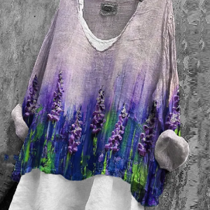 Women Floral Long Sleeve Blouse Spring/Fall Printing V Neck Daily Casual Top, JustFashionNow Blouses, color:Purple|size:4XL,
