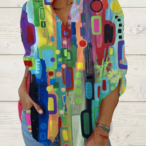 Women Geometric Long Sleeve Shirt Spring/Fall Printing Stand Collar Daily Casual Top, JustFashionNow Shirts, color:Multicolor|size:5XL,