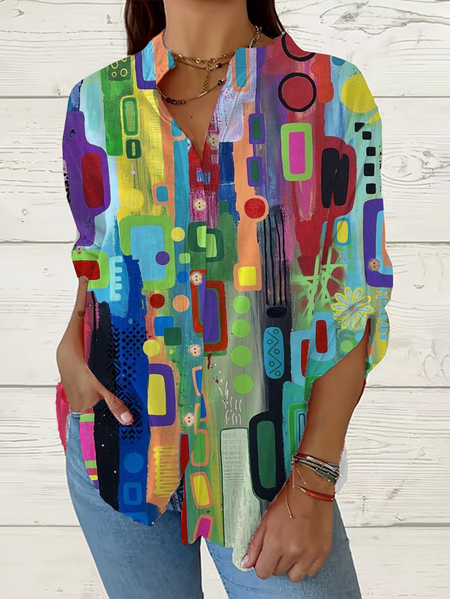 Women Geometric Long Sleeve Shirt Spring/Fall Printing Stand Collar Daily Casual Top, JustFashionNow Shirts, color:Multicolor|size:5XL,