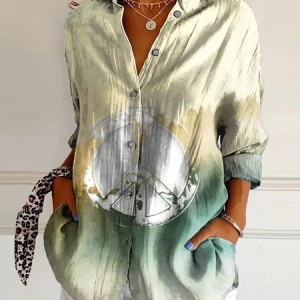 Women Hippie Long Sleeve Shirt Spring/Fall Buckle Shirt Collar Daily Casual Top, JustFashionNow Shirts, color:Green|size:XXL,