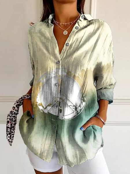 Women Hippie Long Sleeve Shirt Spring/Fall Buckle Shirt Collar Daily Casual Top, JustFashionNow Shirts, color:Green|size:XXL,