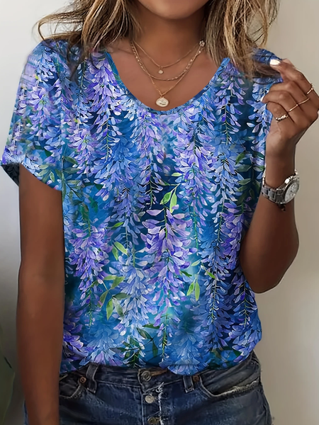 Women Floral Short Sleeve Tee T-shirt Crew Neck Casual Summer Top, JustFashionNow T-Shirts, color:As Picture|size:4XL,