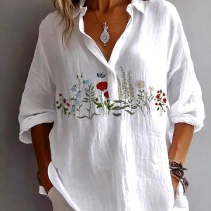 Women Plain Long Sleeve Shirt Spring/Fall Shirt Collar Daily Casual Top, JustFashionNow Blouses, color:White|size:4XL,