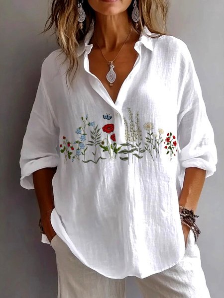 Women Plain Long Sleeve Shirt Spring/Fall Shirt Collar Daily Casual Top, JustFashionNow Blouses, color:White|size:4XL,