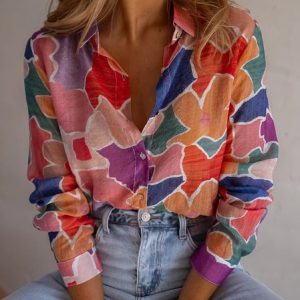 Shirt Collar Long Sleeve Geometric Regular Micro-Elasticity Regular Fit Shirt For Women, Shirts, color:Orange|size:4XL, catalog Noracora shop