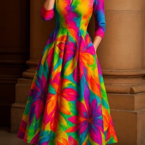 Elegant Random Print Printing Notched Midi Dress, Midi Dresses, color:As Picture|size:XXL, Stylewe