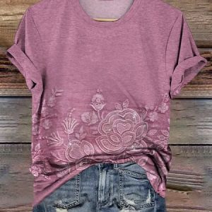 Casual Floral Crew Neck Short Sleeve T-shirt, T-shirts, color:Purple|size:4XL, catalog Noracora shop