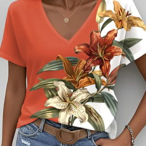 Casual Floral V Neck Short Sleeve T-shirt, T-shirts, color:Orange|size:XXL, catalog Noracora shop