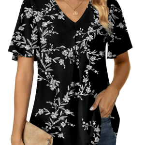 V Neck Short Sleeve Floral Regular Micro-Elasticity Regular Fit Shirt For Women, Shirts, color:Black|size:4XL, catalog Noracora shop