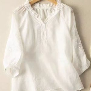 Lotus Leaf Collar Long Sleeve Plain Regular Loose Blouse For Women, Blouses, color:White|size:XXL, catalog Noracora shop