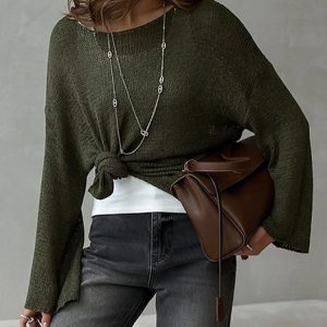 Women Plain Woven Spring/Fall Casual Long Sleeve Off The Shoulder Cotton Sweater, JustFashionNow Sweaters, color:darkgreen|size:L,