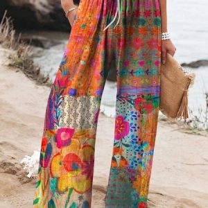 Women Floral Long Pants Vintage Spring/Fall Trousers, JustFashionNow Pants, color:Multicolor|size:4XL,
