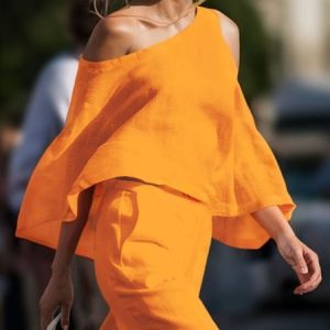 Linen Blend Casual Plain Hollow Out Asymmetrical Blouse, Blouses and Shirts, color:Orange|size:XXL, Stylewe
