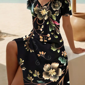 Women Floral V Neck Short Sleeve Comfy Casual Midi Dress, Dresses, color:As Picture|size:4XL, catalog Noracora shop