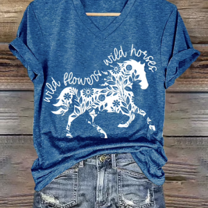 Casual Floral V Neck Short Sleeve T-shirt, T-shirts, color:Light Blue|size:4XL, catalog Noracora shop