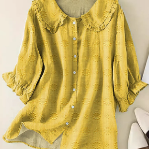Women Floral Short Sleeve Shirt Summer Shawl Collar Daily Casual Top, JustFashionNow Shirts, color:Yellow|size:XL,