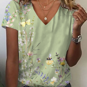 Casual Floral V Neck Short Sleeve T-shirt, T-shirts, color:Green|size:XXL, catalog Noracora shop