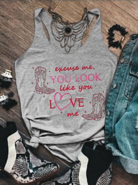 Women Sleeveless Tank Top Camisole Summer Letter Pattern U-Neck Holiday Casual Top, JustFashionNow Tanks & Camis, color:Light Gray|size:3XL,