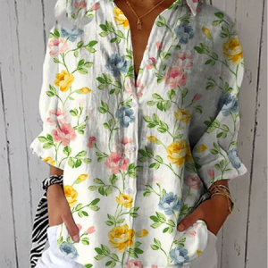 Shirt Collar Three Quarter Sleeve Floral Printing Regular Loose Shirt For Women, Shirts, color:White|size:5XL, catalog Noracora shop