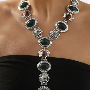 Retro Baroque style fashion resin necklace Luxury trendy ethnic style necklace, Necklaces, color:Silver, Stylewe