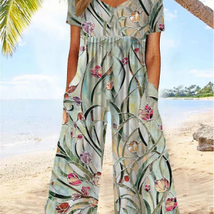 Women Floral V Neck Half Sleeve Casual Summer Jumpsuit, JustFashionNow Jumpsuits＆Rompers, color:Green|size:4XL,