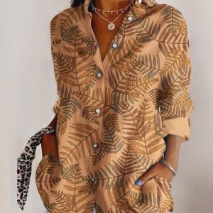 V Neck Long Sleeve Geometric Regular Micro-Elasticity Regular Fit Shirt For Women, Shirts, color:Khaki|size:4XL, catalog Noracora shop