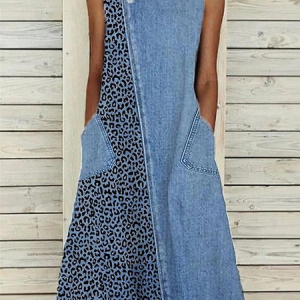 Women Leopard Sleeveless Summer Printing Dress Crew Neck Daily Casual Maxi Fit & Flare Dress H-Line Dress, JustFashionNow Casual Dresses, color:Blue|size:3XL