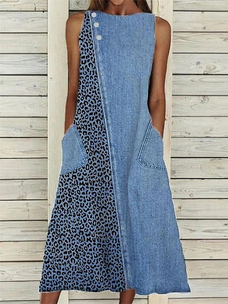 Women Leopard Sleeveless Summer Printing Dress Crew Neck Daily Casual Maxi Fit & Flare Dress H-Line Dress, JustFashionNow Casual Dresses, color:Blue|size:3XL
