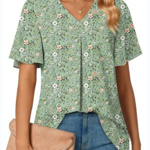 V Neck Short Sleeve Floral Regular Micro-Elasticity Regular Fit Shirt For Women, Shirts, color:Aqua|size:4XL, catalog Noracora shop
