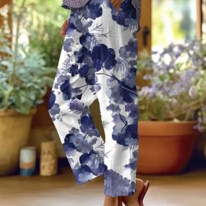 Casual Cotton Floral Art Print Comfy Long Pants, Pants, color:White|size:4XL, catalog Noracora shop