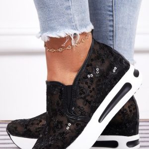 Breathable Floral Embroidery Slip-on Muffin Sneakers, JustFashionNow Sneakers, color:Black|size:42,