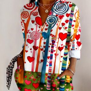 Women Geometric Long Sleeve Shirt Spring/Fall V Neck Daily Casual Top, JustFashionNow Blouses, color:White|size:4XL,