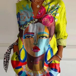 Women Figure Long Sleeve Shirt Spring/Fall Shirt Collar Daily Casual Top, JustFashionNow Blouses, color:As Picture|size:4XL,