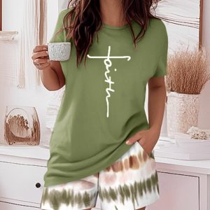 2 Pieces Outfit Faith Letter Print Short Sleeve Top and Tie Dye Print Elastic Waist Shorts Set Casual Pajamas Set, women Pajamas Sets, ChicMe catalog