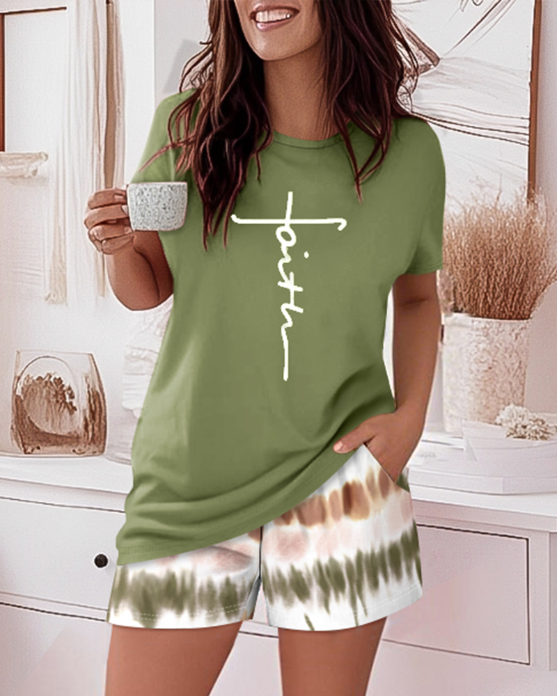 2 Pieces Outfit Graphic Pattern Short Sleeve Top and Casual Tie Dye Print Pants Set, women Pajamas Sets, ChicMe catalog