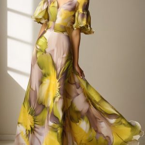 Elegant Floral Printing Sweetheart Neckline Maxi Dress, Maxi Dresses, color:Yellow|size:XXL, Stylewe
