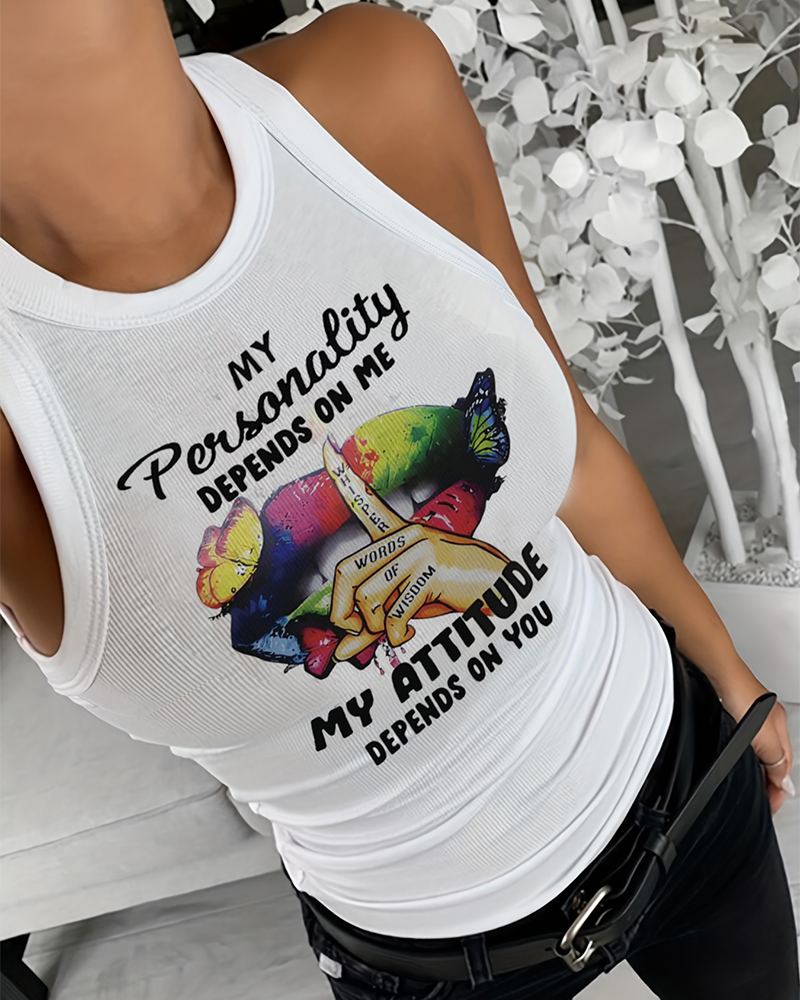 My Personality Depends On Me My Attitude Depends On You Butterfly Slogan Print Ribbed Tank Top, women Tanks & Crop Tops, ChicMe catalog