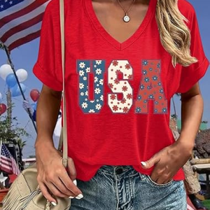 Casual America Flag V Neck Short Sleeve T-shirt, T-shirts, color:Red|size:4XL, catalog Noracora shop
