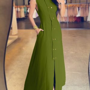 Stand Collar Sleeveless Button Slit Dress, women Maxi Dresses, ChicMe catalog