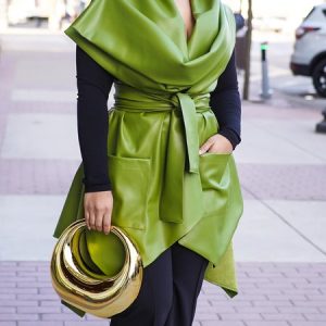 Urban Sleeveless Faux Leather Top With Belt, Tops, color:Green|size:XXL, Stylewe